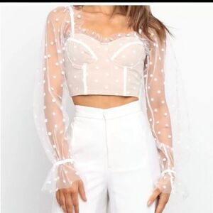 Runaway The Label Bustier Corset Top Sz 4 Beige Polka Dot Tulle Sheer Sleeves